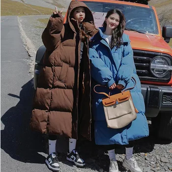 Donna Blu piumino con Cappuccio Lungo in Cotone Vestiti Inverno Caldo Addensare Antivento coreano Moda Allentato Cappotto Oversize Top
