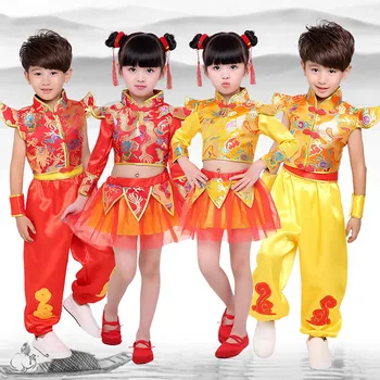 Tradizionale cinese Nuovo Anno Costumi Drago e del Leone di Danza per Bambini Abbigliamento per Bambini Set Rosso Kungfu Wushu Uniforme Tang Tuta Hanfu
